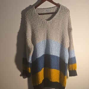 FAVLUX Striped V-Neck Sweater in Black, Grey, Blue, and Yellow